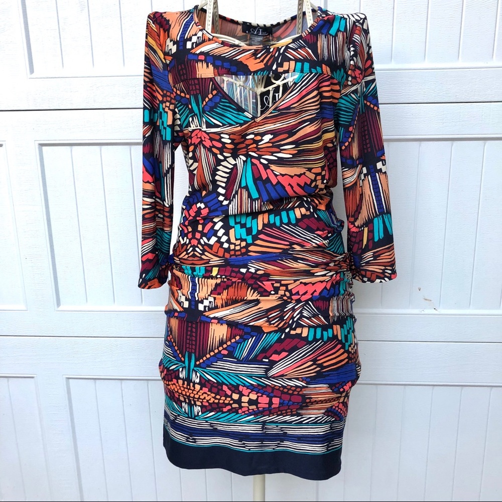 NWOT multicolor all over print fitted midi dress size medium